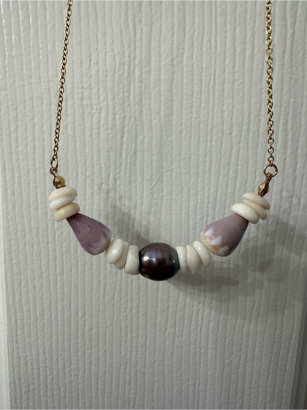 14k Gold-Filled Tahitian Pearl Shell Necklace Cream Purple Hawaii Handmade 21.5”